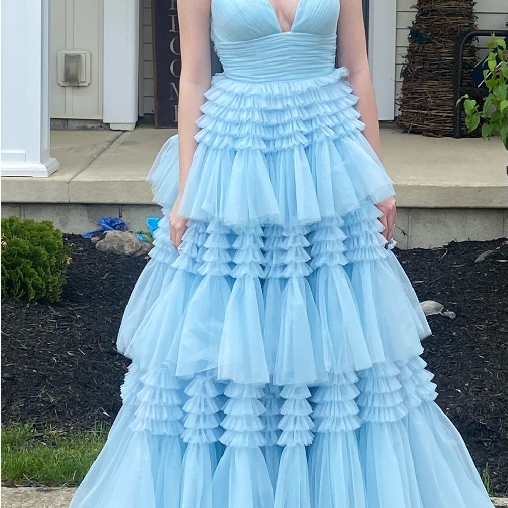 Sherri Hill Light Blue Tiered Prom Dress - Picture 2 of 2